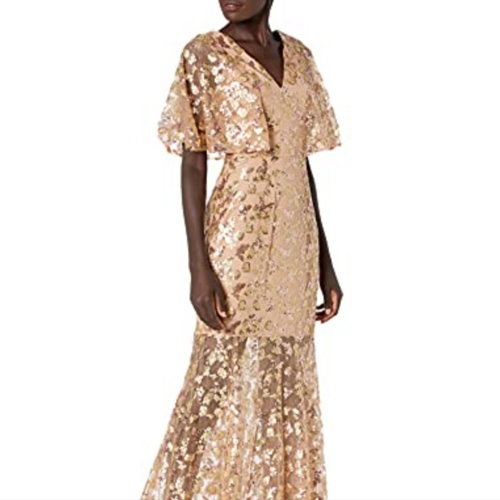 Dress the Population Lourdes Gold/Nude Gown Flutter sleeves Mother Of Bride 🌟